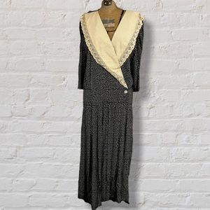 VINTAGE Cottagecore Black Cream Polka Dot Linen Cotton Long Sleeve Maxi Dress